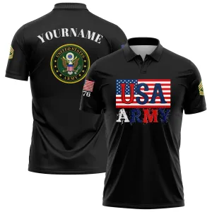 Custom Black USA 1776 American Flag U.S Army Military Rank Name Golf Polo Shirt