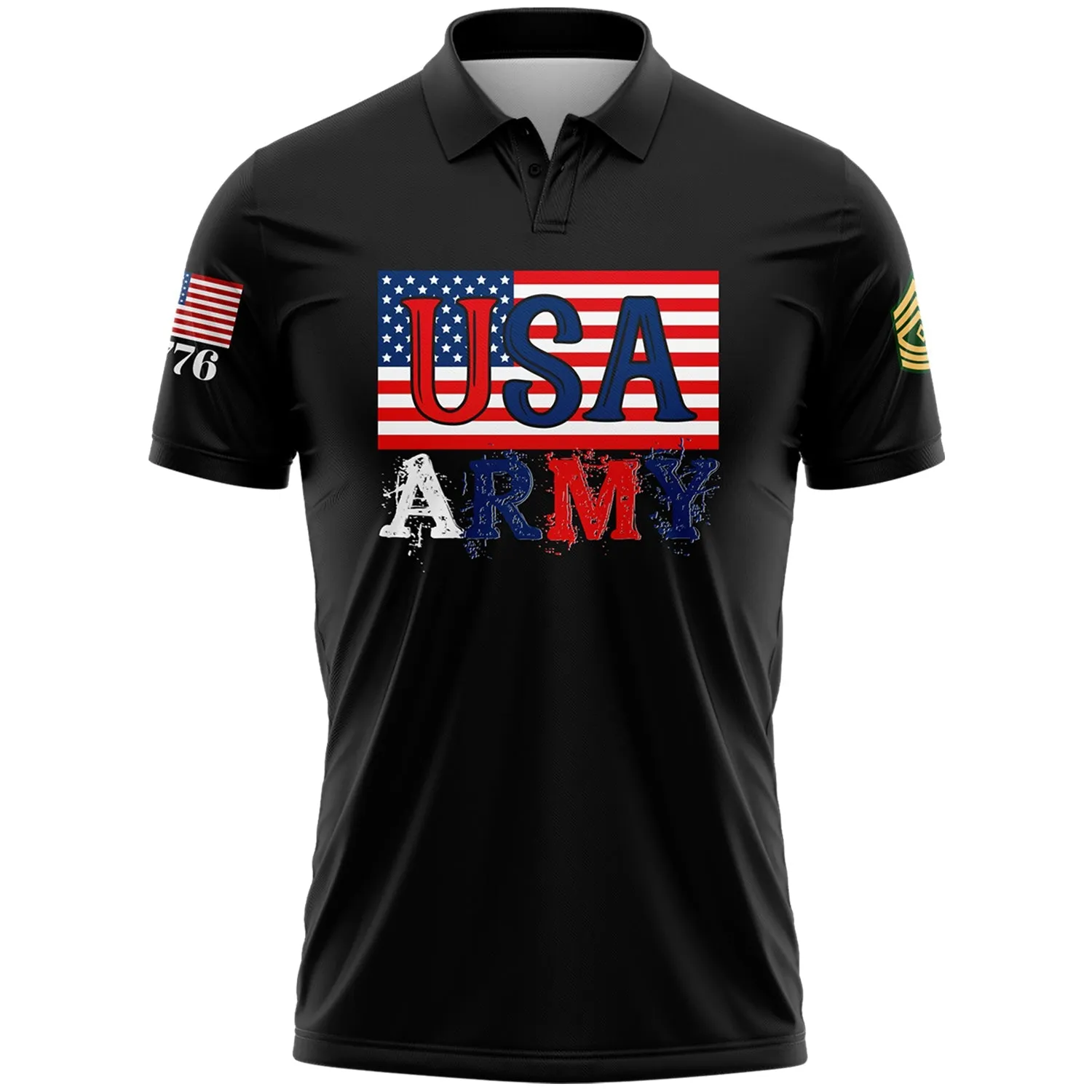 Custom Black USA 1776 American Flag U.S Army Military Rank Name Golf Polo Shirt