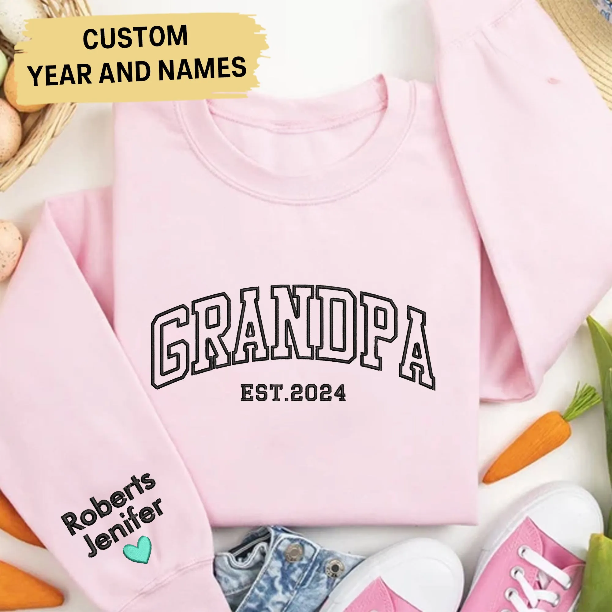 Custom Embroidered Sweatshirt, Name On Sleeve With Heart, Grandpa Shirt With Date, Daddy Est Year Shirt, Gift For New Dad, Father's Day Gift