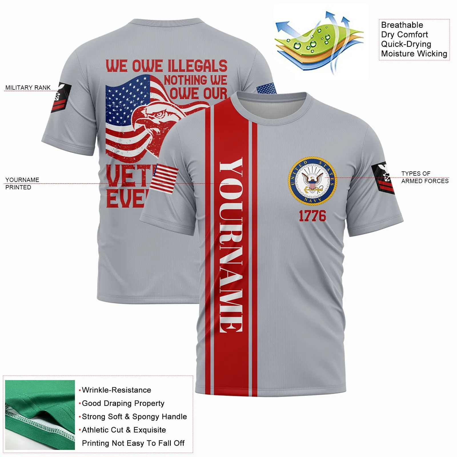 Custom Grey We Own Illegals Nothing We Our Veterans Everything 1776 Military Rank Name Veterans Day T-Shirt