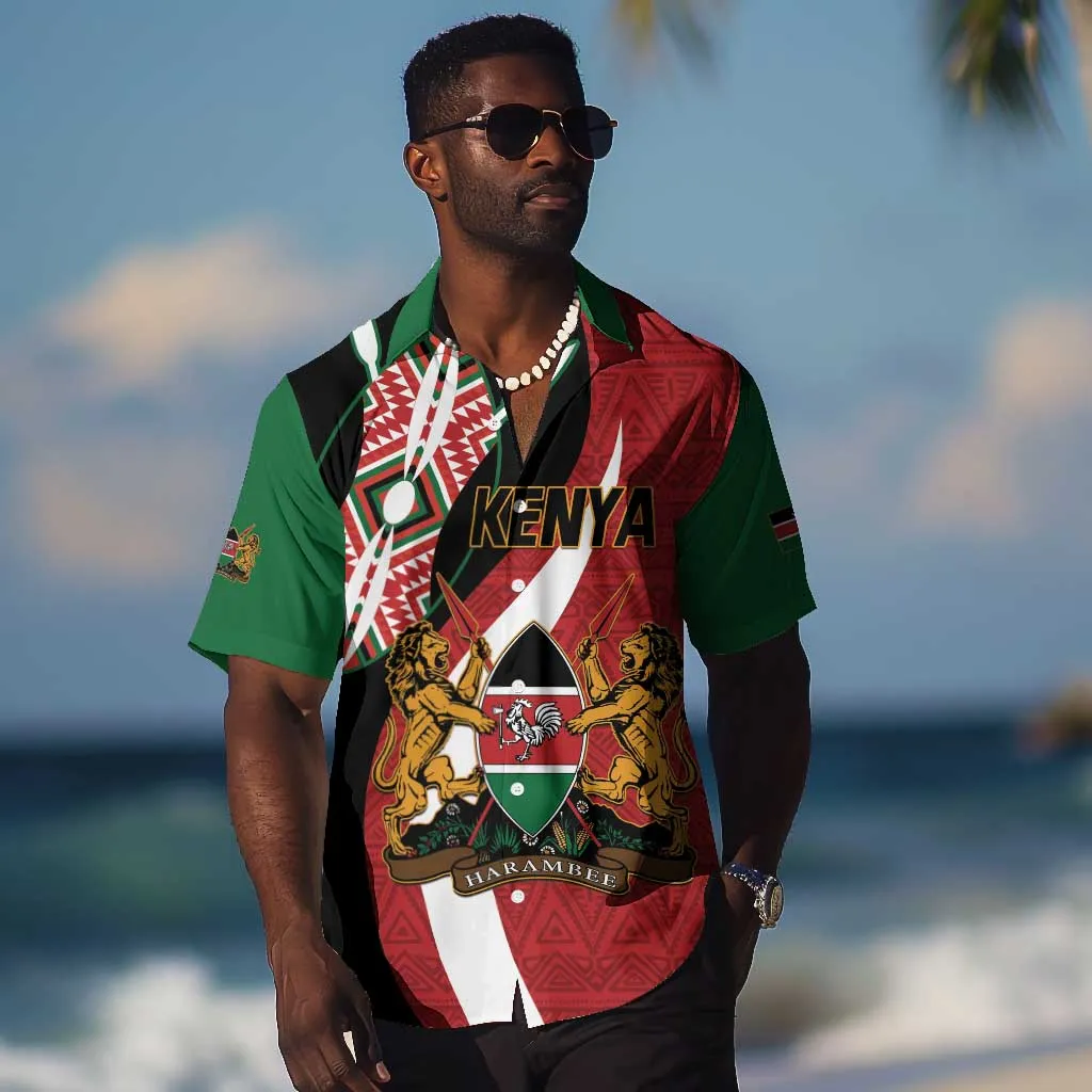 Custom Kenya Football Hawaiian Shirt Maasai Shield Coat Of Arms Style LT14