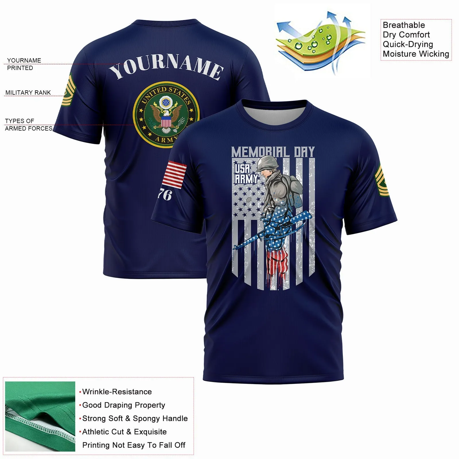 Custom Navy 1776 American Flag U.S Army Military Rank Name Memorial Day T-Shirt