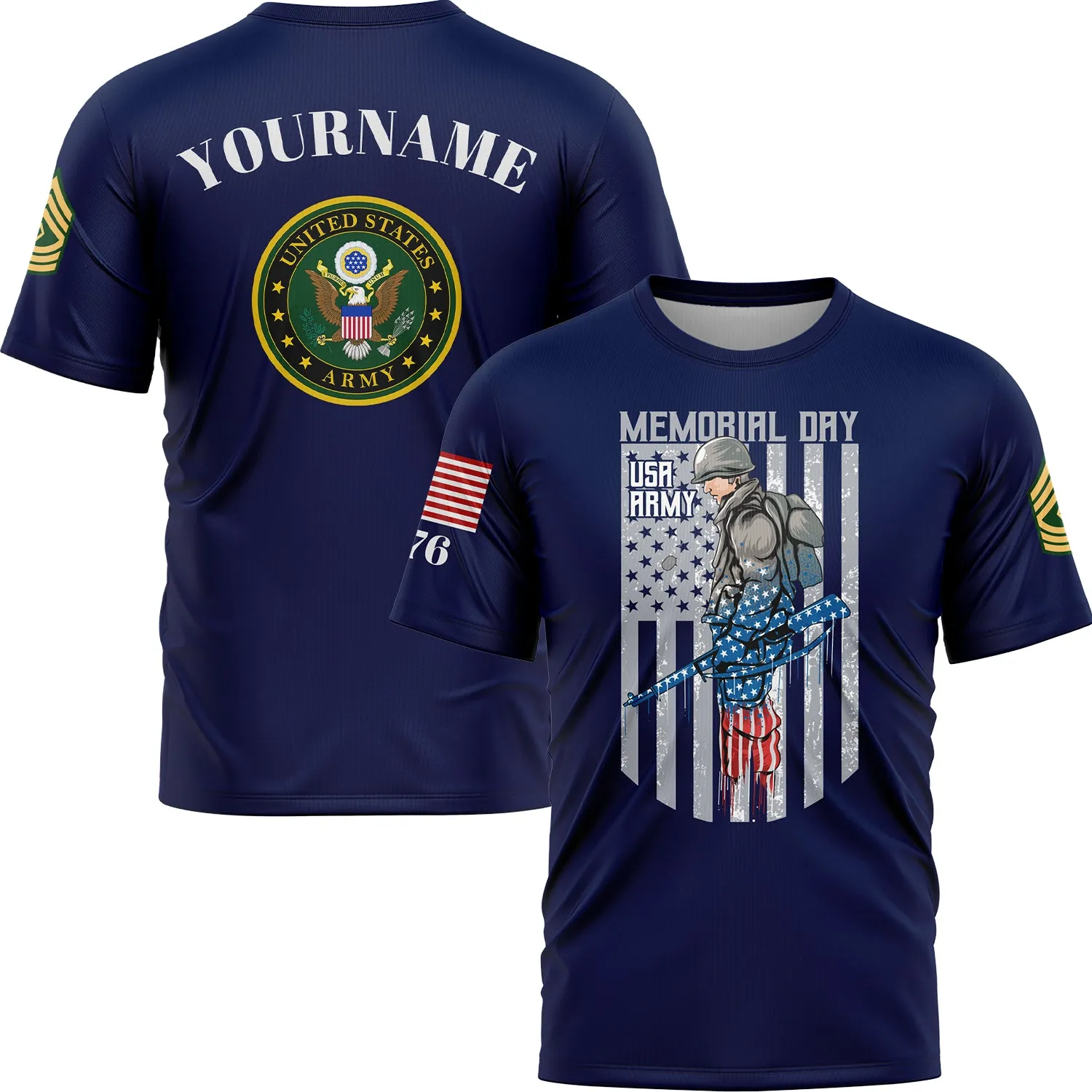 Custom Navy 1776 American Flag U.S Army Military Rank Name Memorial Day T-Shirt