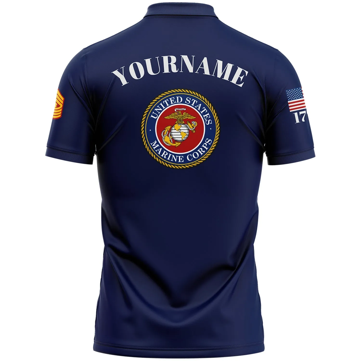 Custom Navy 1776 American Flag U.S Marine Corps Military Rank Name Golf Polo Shirt