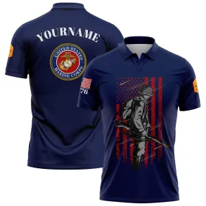 Custom Navy 1776 American Flag U.S Marine Corps Military Rank Name Golf Polo Shirt