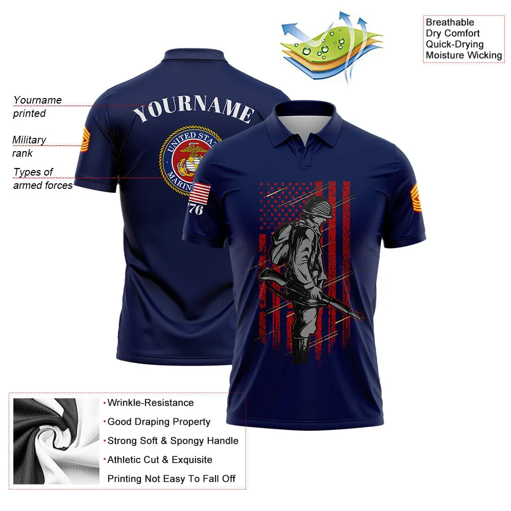Custom Navy 1776 American Flag U.S Marine Corps Military Rank Name Golf Polo Shirt