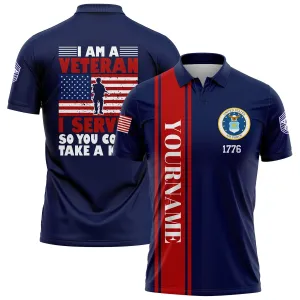 Custom Navy I'M A Veteran I Served So You Could Take A Knee 1776 Flag Military Rank Name Veterans Day Golf Polo Shirt
