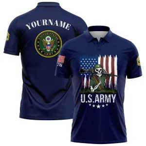 Custom Navy Skull Soldier 1776 American Flag U.S Army Military Rank Name Golf Polo Shirt