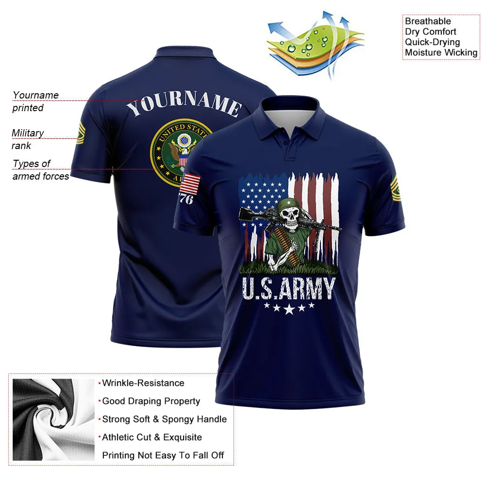 Custom Navy Skull Soldier 1776 American Flag U.S Army Military Rank Name Golf Polo Shirt