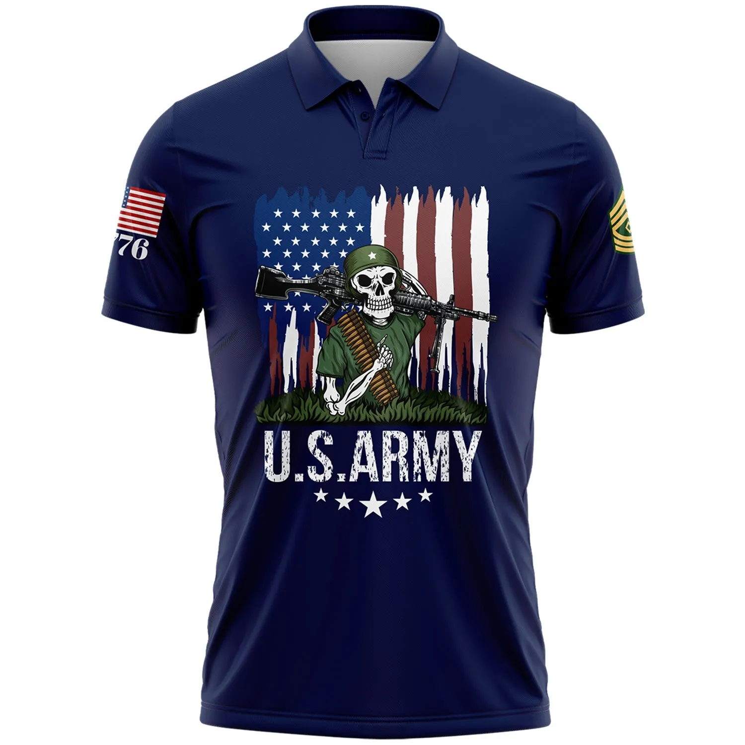 Custom Navy Skull Soldier 1776 American Flag U.S Army Military Rank Name Golf Polo Shirt