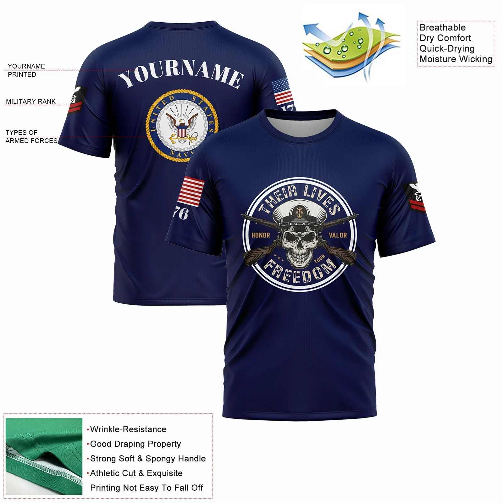Custom Navy Skull Their Lives Freedom 1776 U.S Navy Military Rank Name T-Shirt