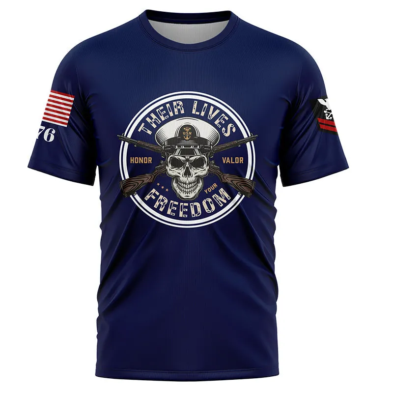 Custom Navy Skull Their Lives Freedom 1776 U.S Navy Military Rank Name T-Shirt