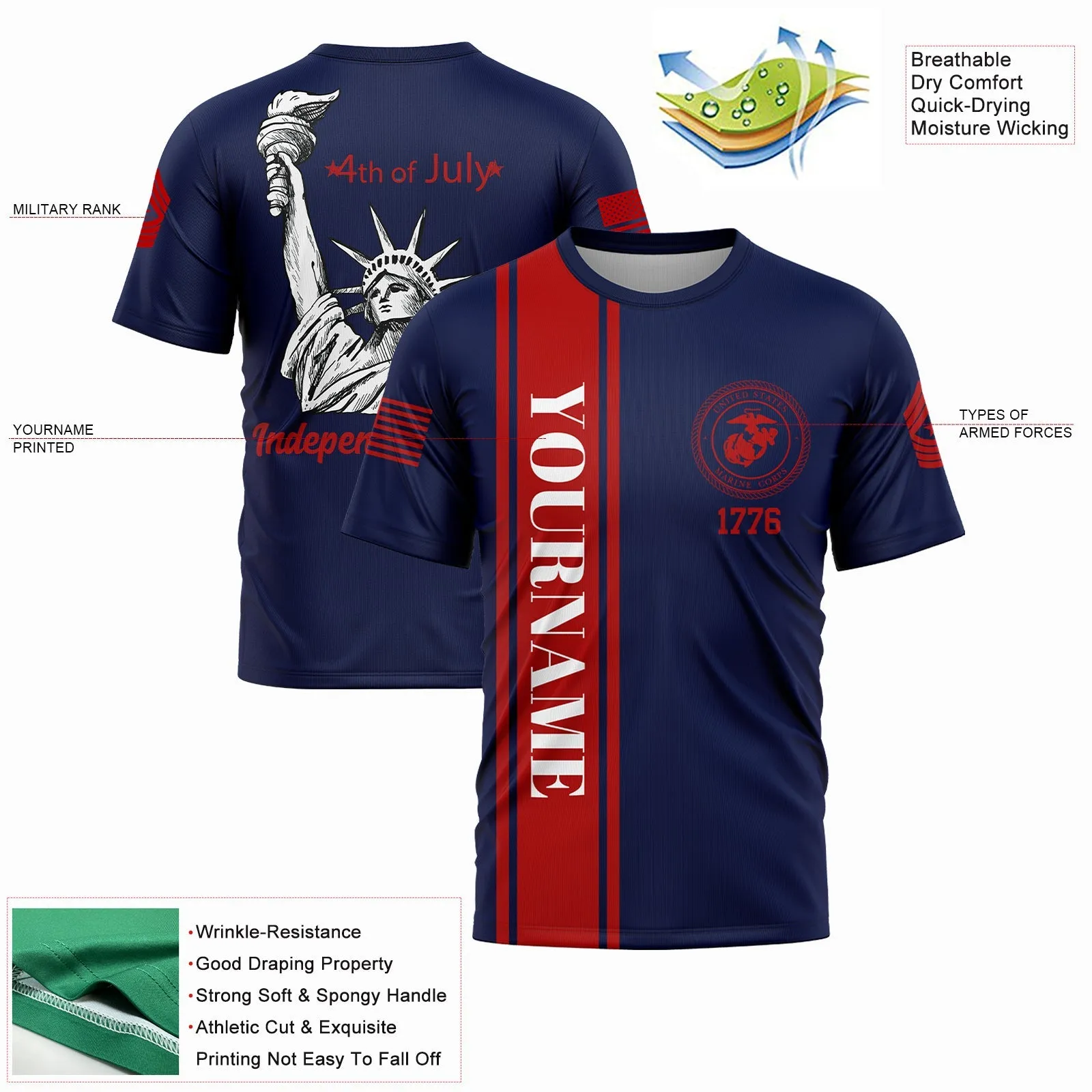 Custom Navy The Statue of Liberty 4th Of July Military Rank Name Independence Day T-Shirt
