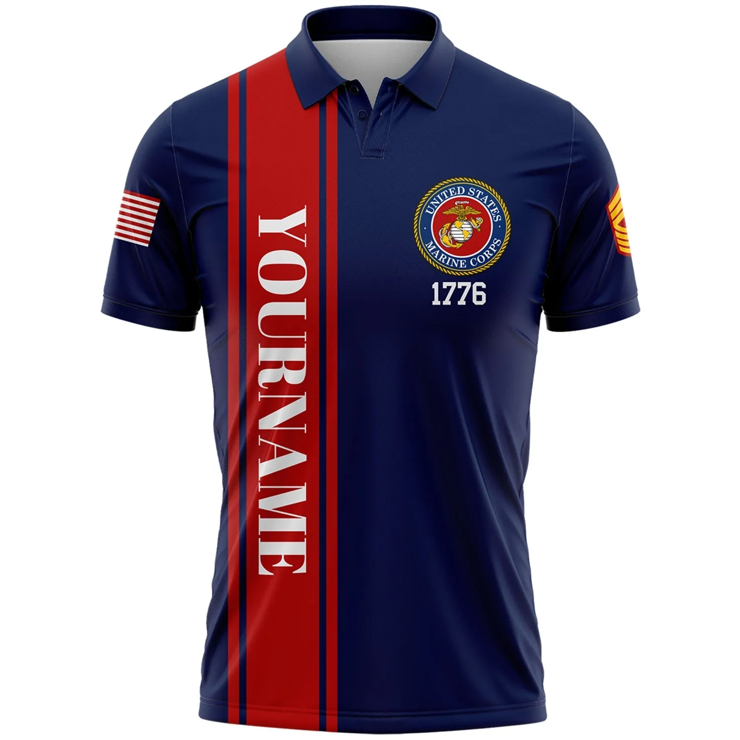 Custom Navy Truck 1776 American Flag U.S Marine Corps Military Rank Name Memorial Day Golf Polo Shirt