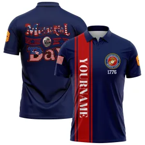 Custom Navy Truck 1776 American Flag U.S Marine Corps Military Rank Name Memorial Day Golf Polo Shirt