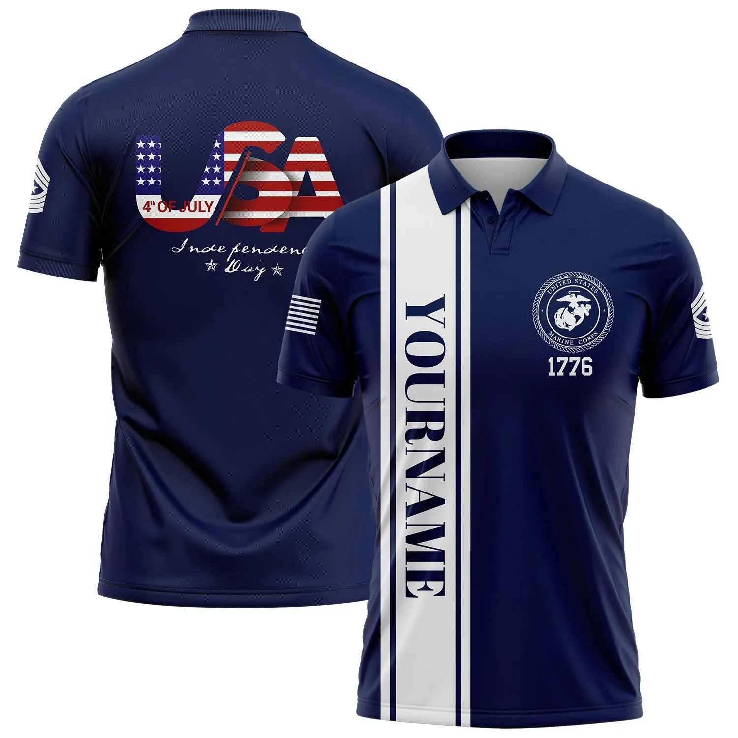 Custom Navy USA Military Rank Name Independence Day Golf Polo Shirt