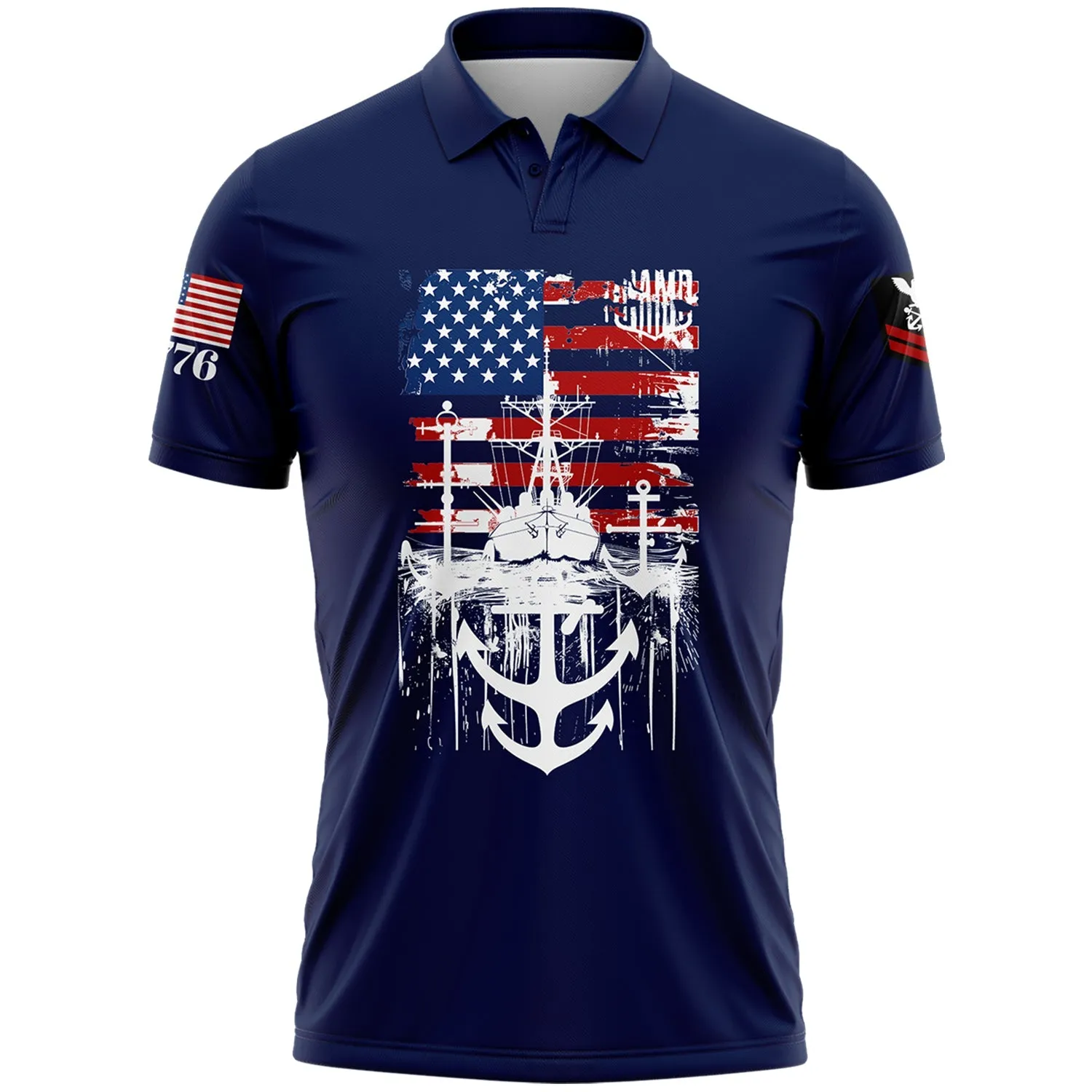 Custom Navy Warship 1776 American Flag U.S Navy Military Rank Name Golf Polo Shirt