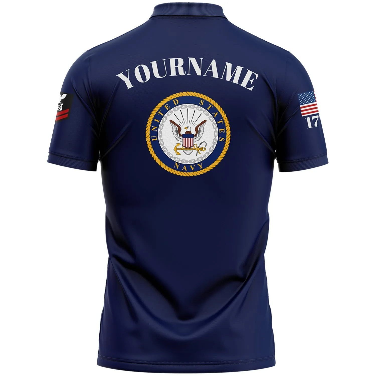 Custom Navy Warship 1776 American Flag U.S Navy Military Rank Name Golf Polo Shirt