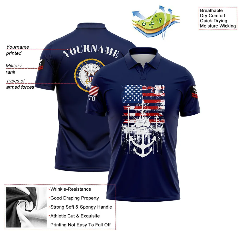 Custom Navy Warship 1776 American Flag U.S Navy Military Rank Name Golf Polo Shirt