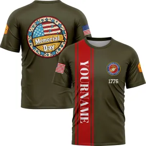 Custom Olive 1776 American Flag U.S Marine Corps Military Rank Name Memorial Day T-Shirt