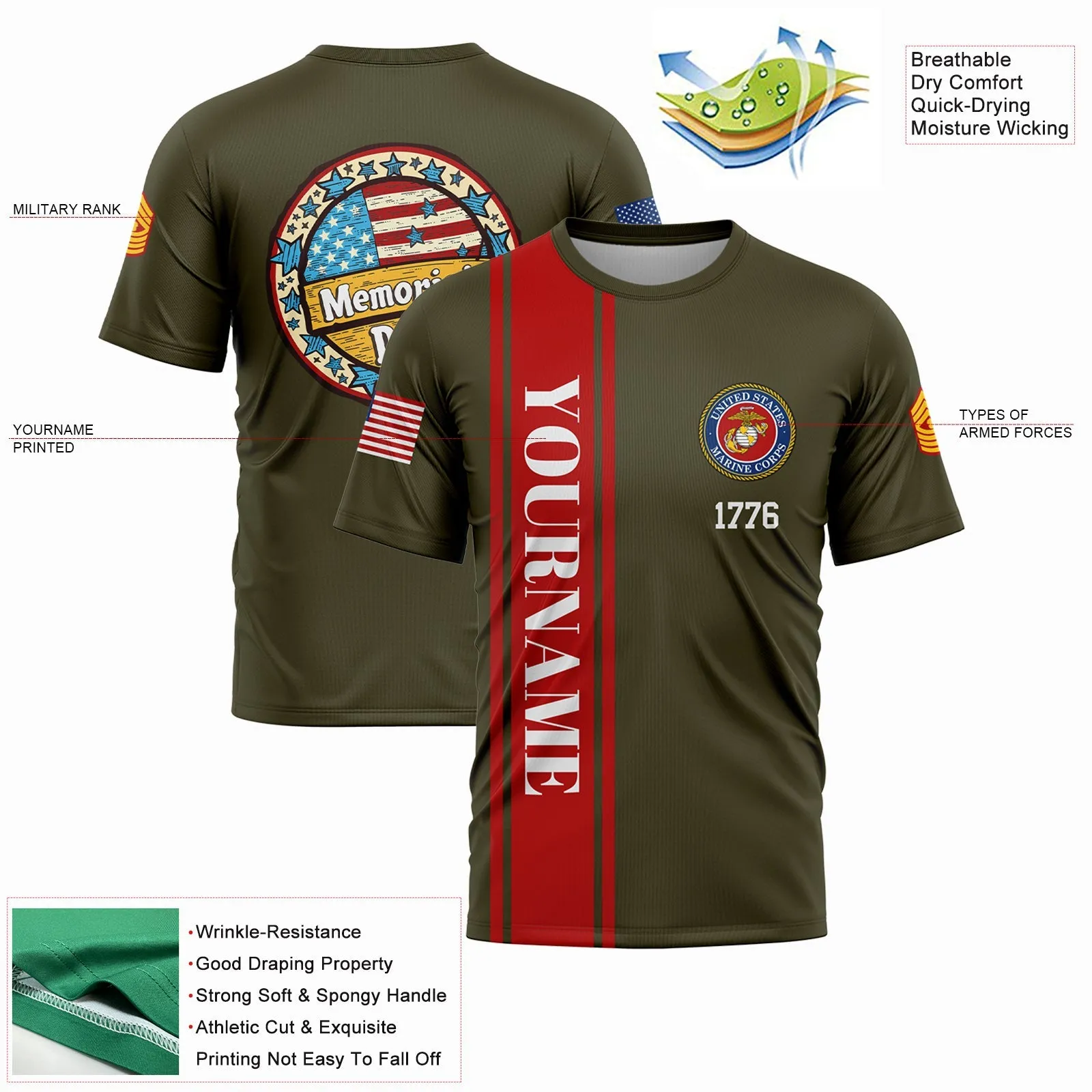 Custom Olive 1776 American Flag U.S Marine Corps Military Rank Name Memorial Day T-Shirt