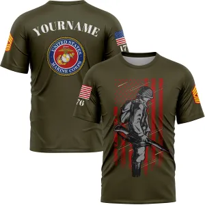 Custom Olive 1776 American Flag U.S Marine Corps Military Rank Name T-Shirt