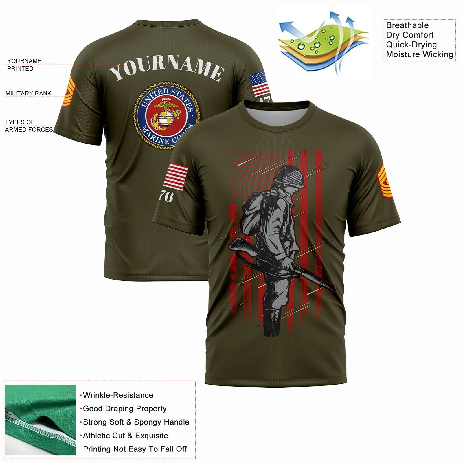 Custom Olive 1776 American Flag U.S Marine Corps Military Rank Name T-Shirt