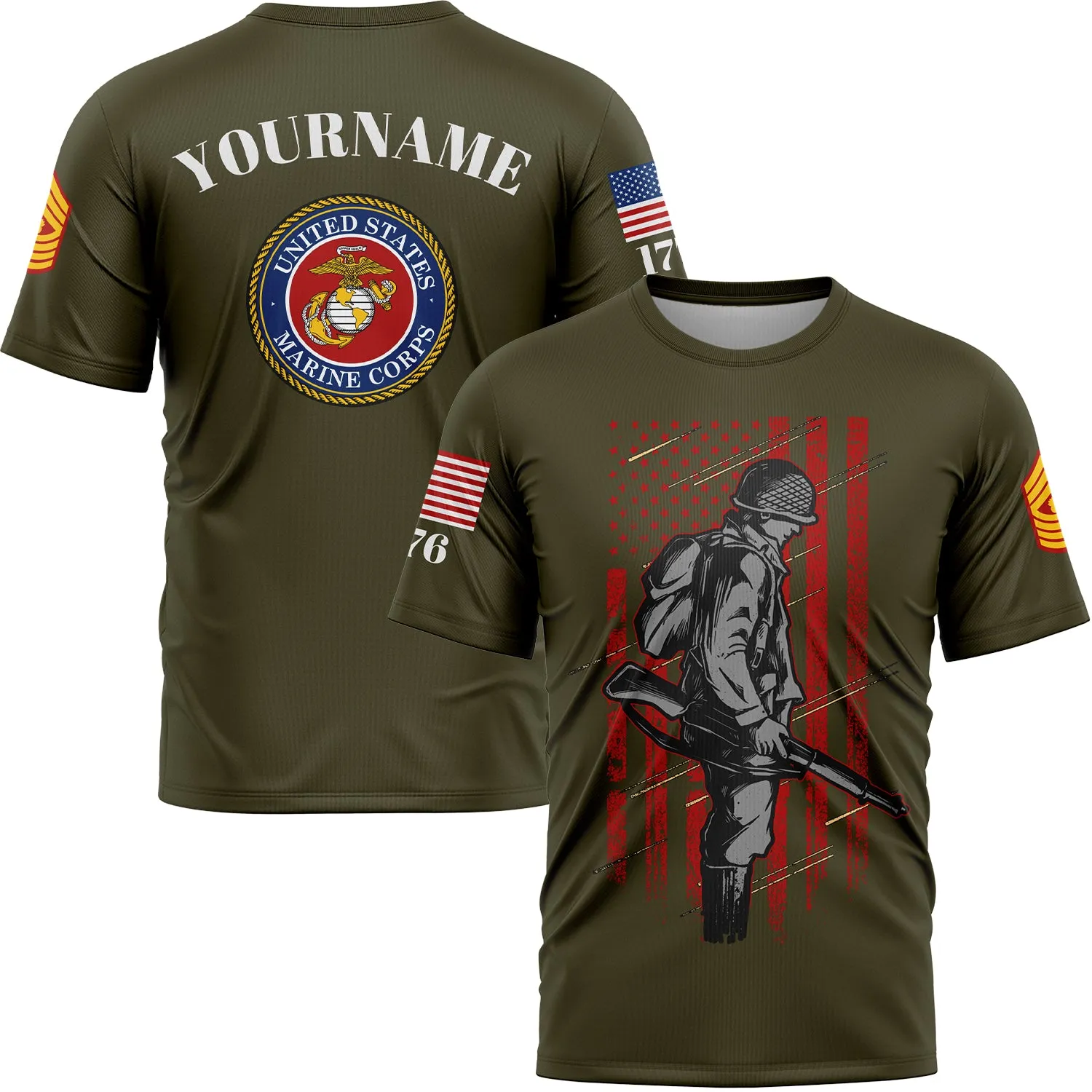 Custom Olive 1776 American Flag U.S Marine Corps Military Rank Name T-Shirt