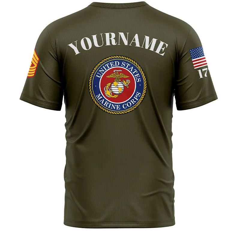 Custom Olive 1776 American Flag U.S Marine Corps Military Rank Name T-Shirt