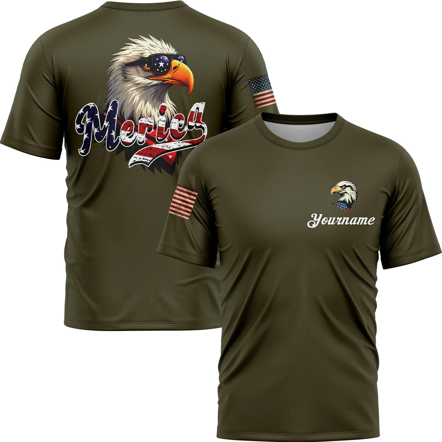 Custom Olive America Eagle Patriot Name T-Shirt
