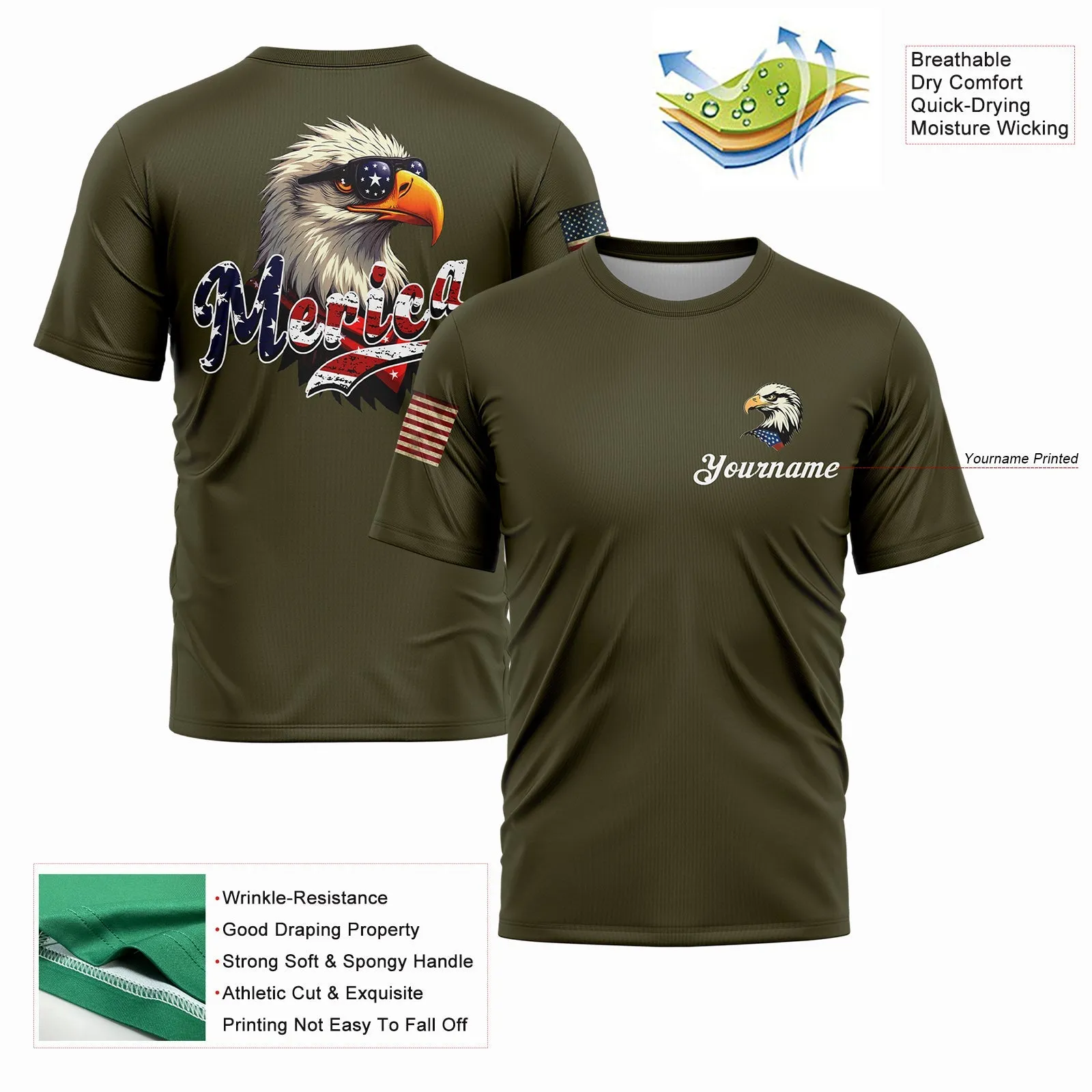 Custom Olive America Eagle Patriot Name T-Shirt
