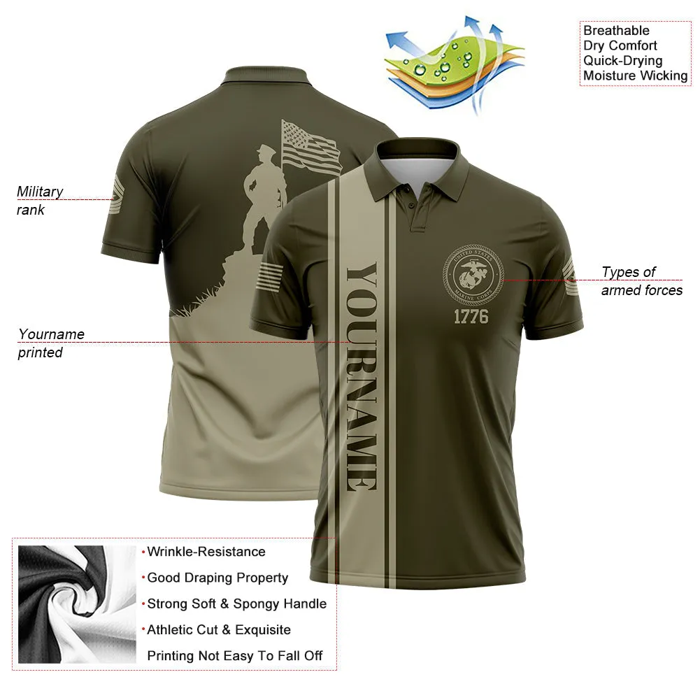 Custom Olive American Flag Military Rank Name Independence Day Golf Polo Shirt