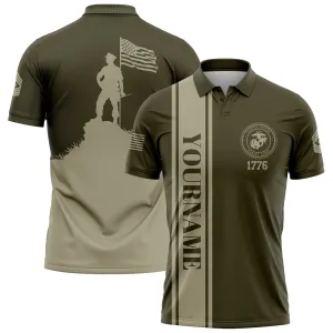 Custom Olive American Flag Military Rank Name Independence Day Golf Polo Shirt