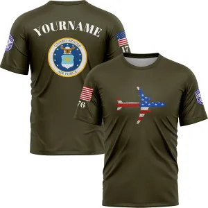 Custom Olive Fighter 1776 American Flag U.S Air Force Military Rank Name T-Shirt