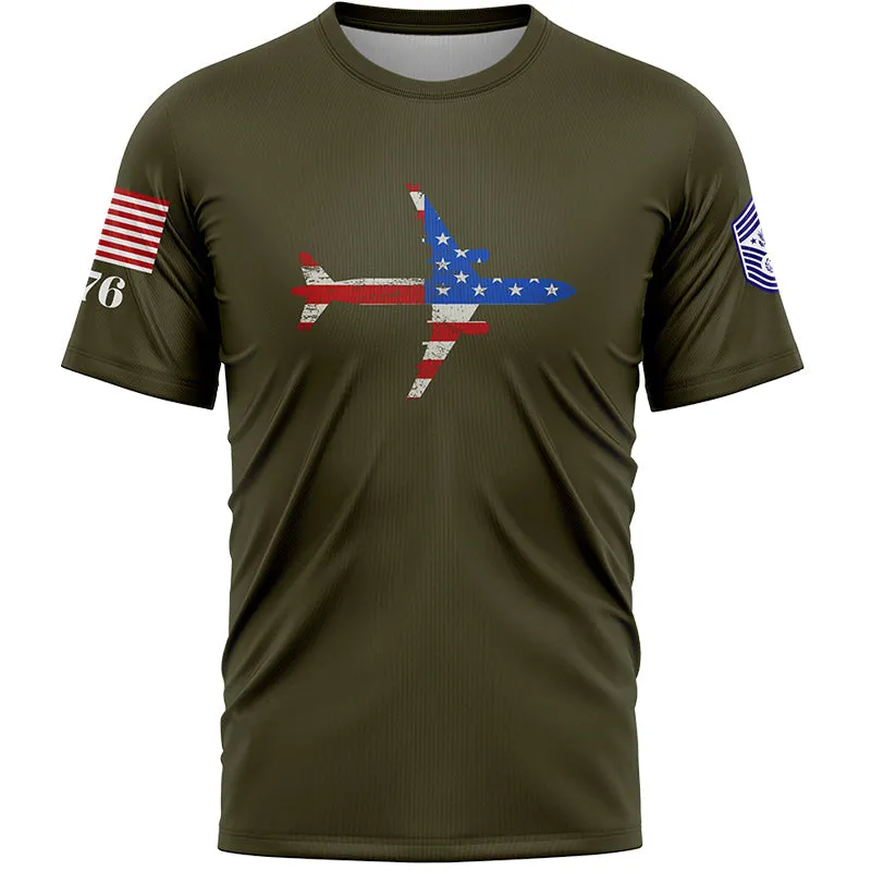 Custom Olive Fighter 1776 American Flag U.S Air Force Military Rank Name T-Shirt