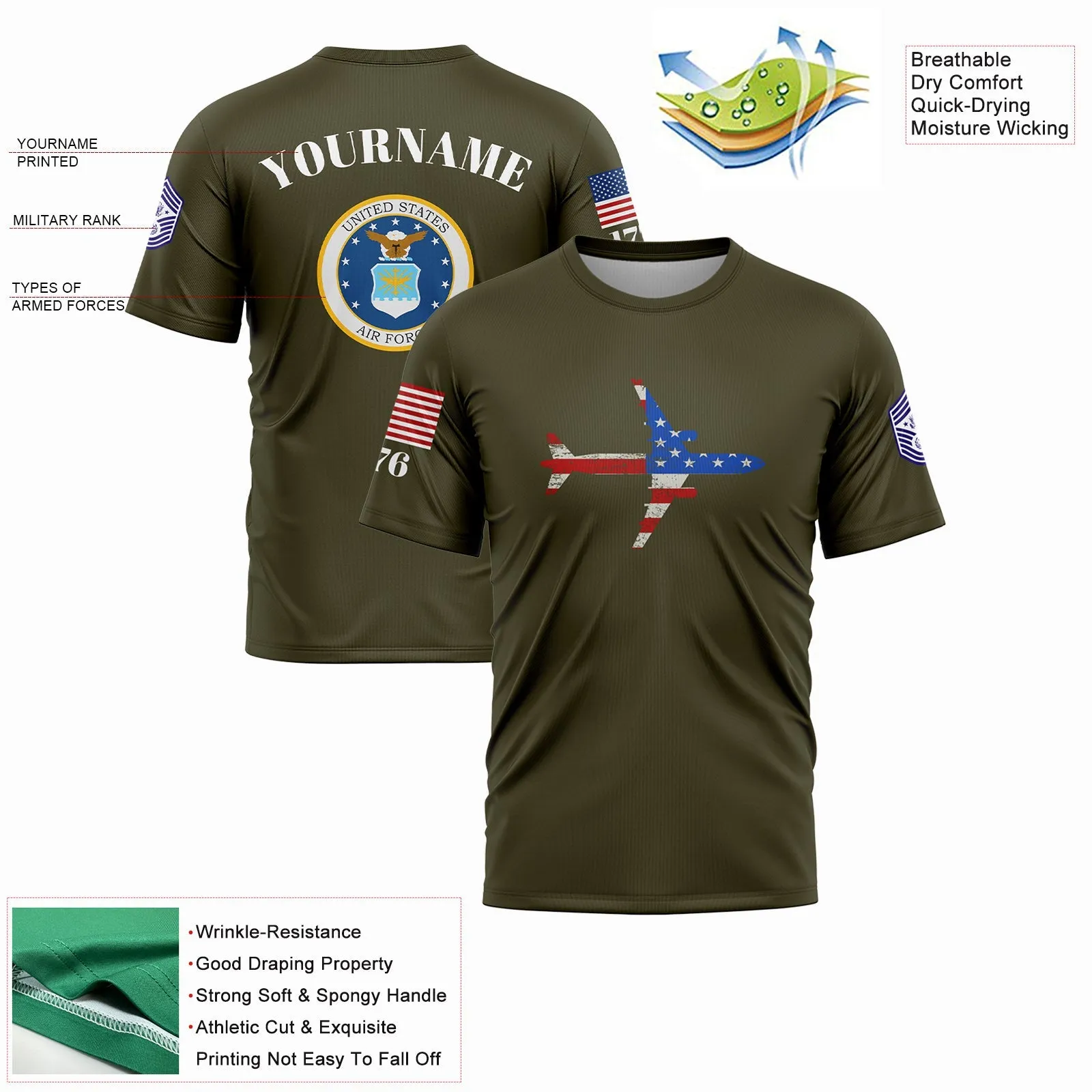 Custom Olive Fighter 1776 American Flag U.S Air Force Military Rank Name T-Shirt
