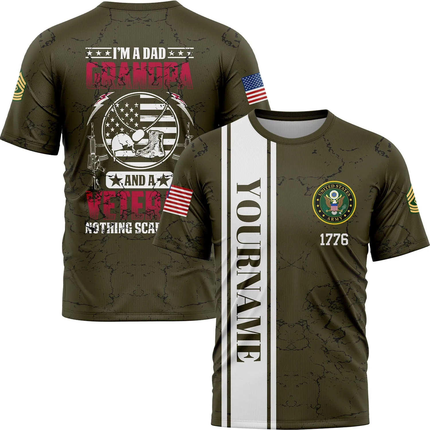 Custom Olive Helmet 1776 Flag U.S Army Military Rank Name Veterans Day T-Shirt | Father's Day Gifts
