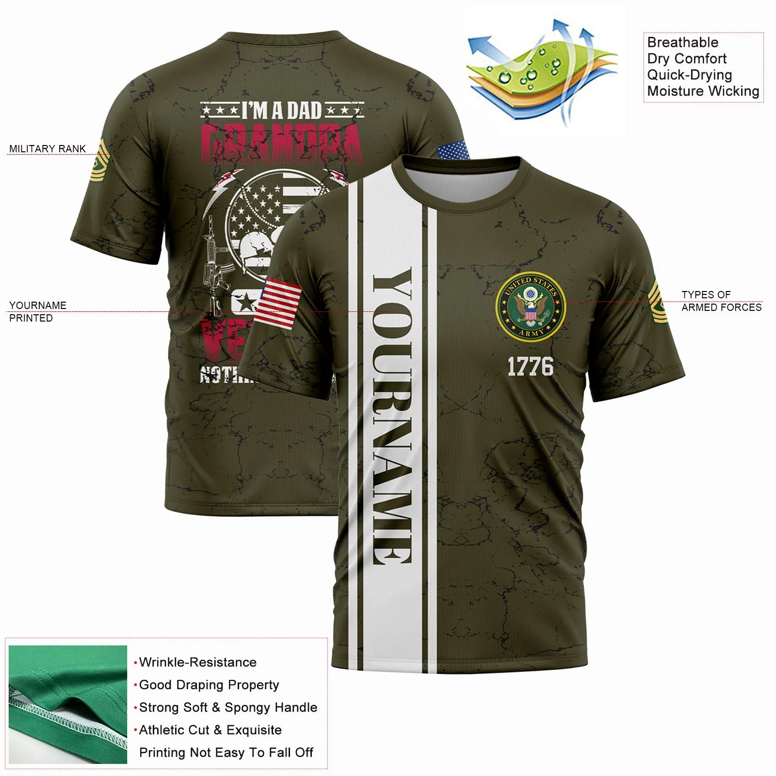 Custom Olive Helmet 1776 Flag U.S Army Military Rank Name Veterans Day T-Shirt | Father's Day Gifts