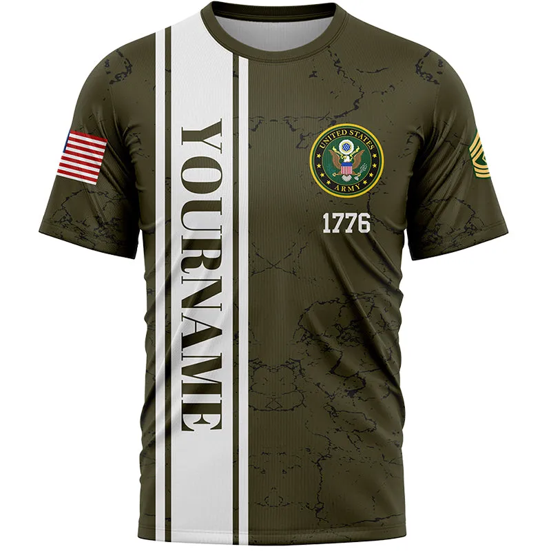 Custom Olive Helmet 1776 Flag U.S Army Military Rank Name Veterans Day T-Shirt | Father's Day Gifts
