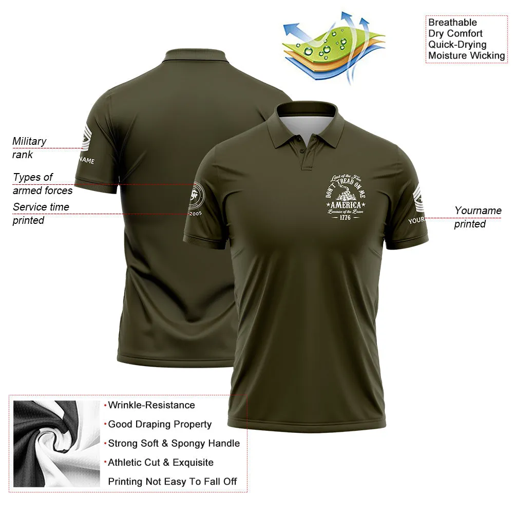 Custom Olive Land OF The Free Don't Tread On Me America Because Of The Brave 1776 Military Rank Veteran Name Golf Polo Shirt