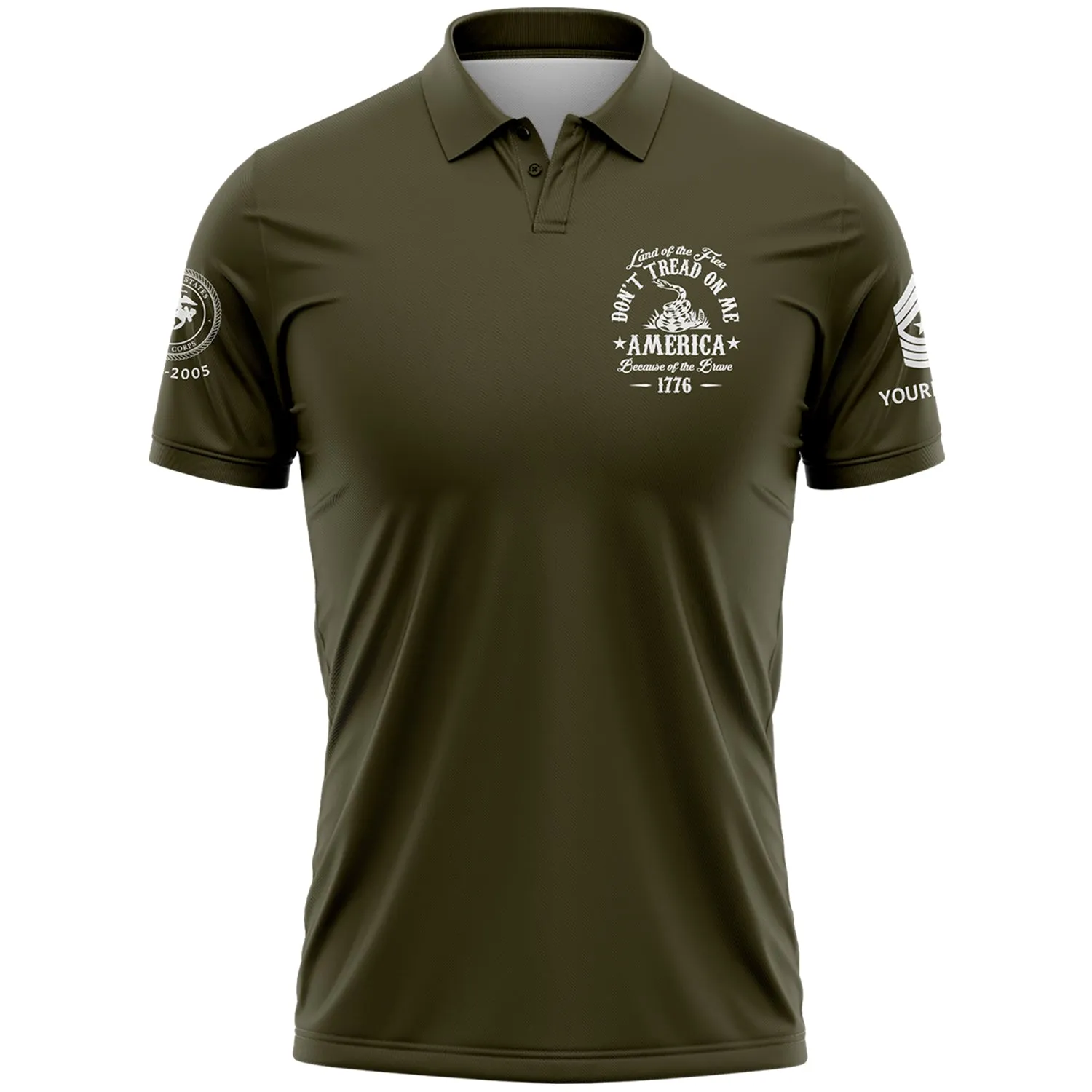 Custom Olive Land OF The Free Don't Tread On Me America Because Of The Brave 1776 Military Rank Veteran Name Golf Polo Shirt