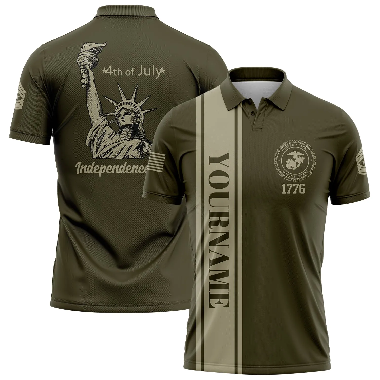 Custom Olive The Statue of Liberty 4th Of July Military Rank Name Independence Day Golf Polo Shirt