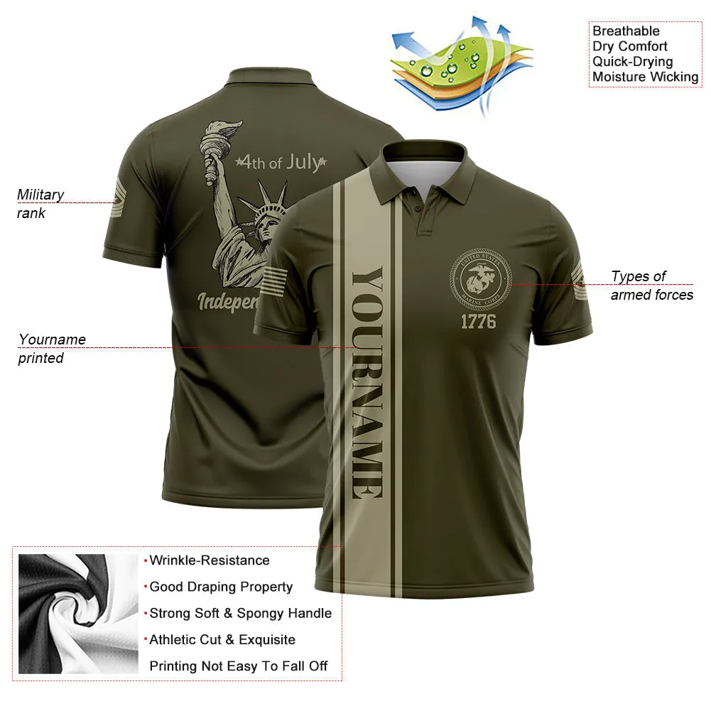 Custom Olive The Statue of Liberty 4th Of July Military Rank Name Independence Day Golf Polo Shirt
