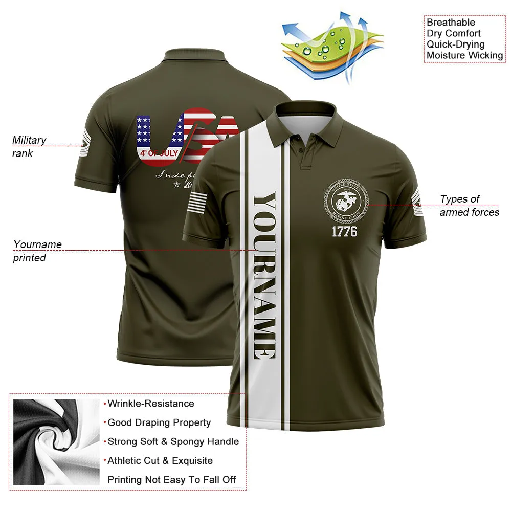 Custom Olive USA Military Rank Name Independence Day Golf Polo Shirt
