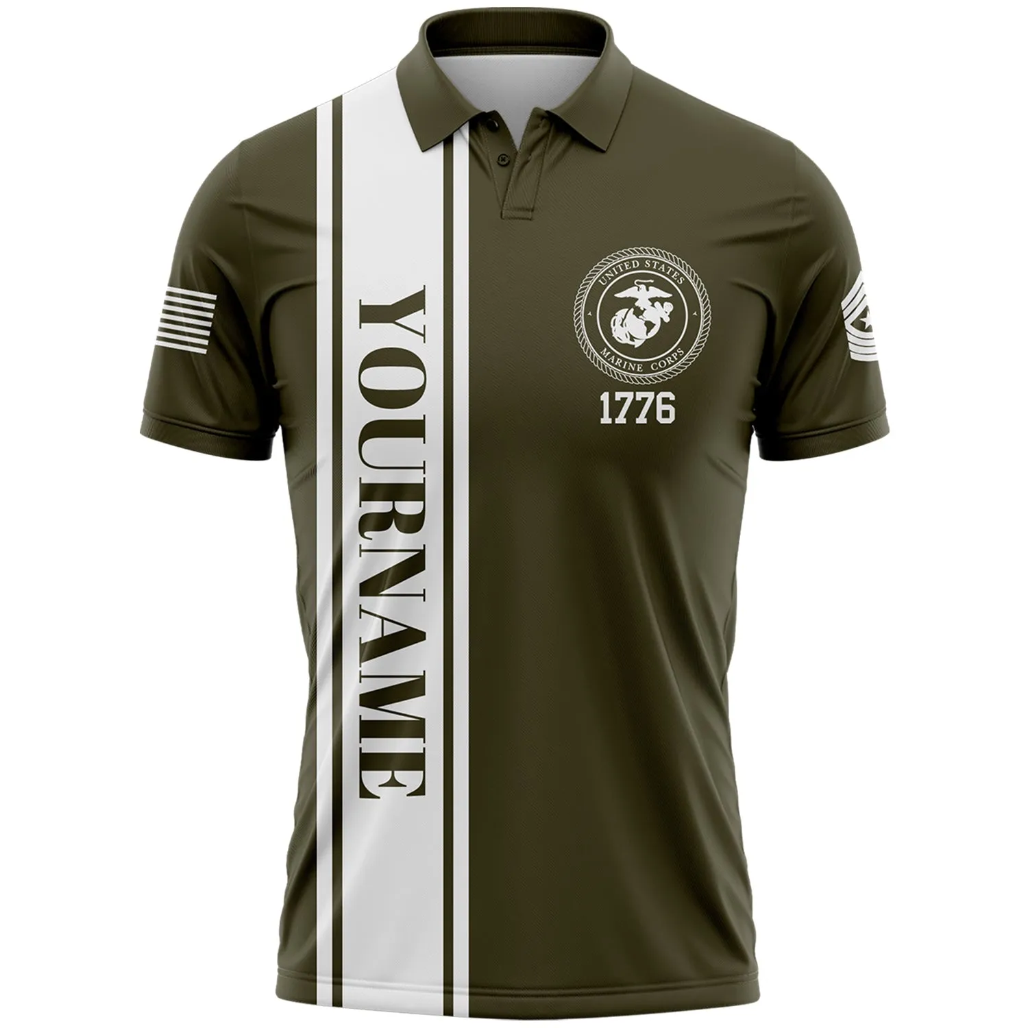 Custom Olive USA Military Rank Name Independence Day Golf Polo Shirt