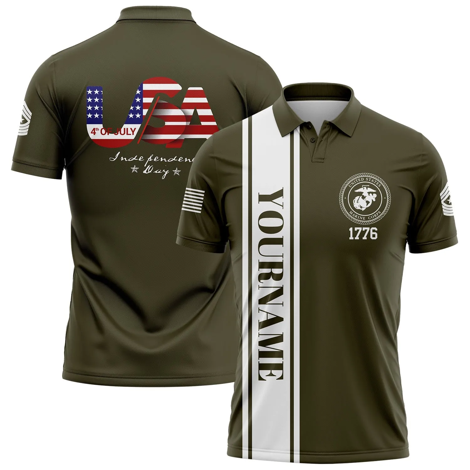 Custom Olive USA Military Rank Name Independence Day Golf Polo Shirt