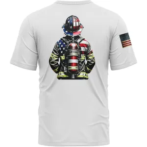 Custom White American Patriot Firefighter Name T-Shirt