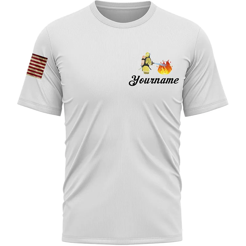Custom White American Patriot Firefighter Name T-Shirt