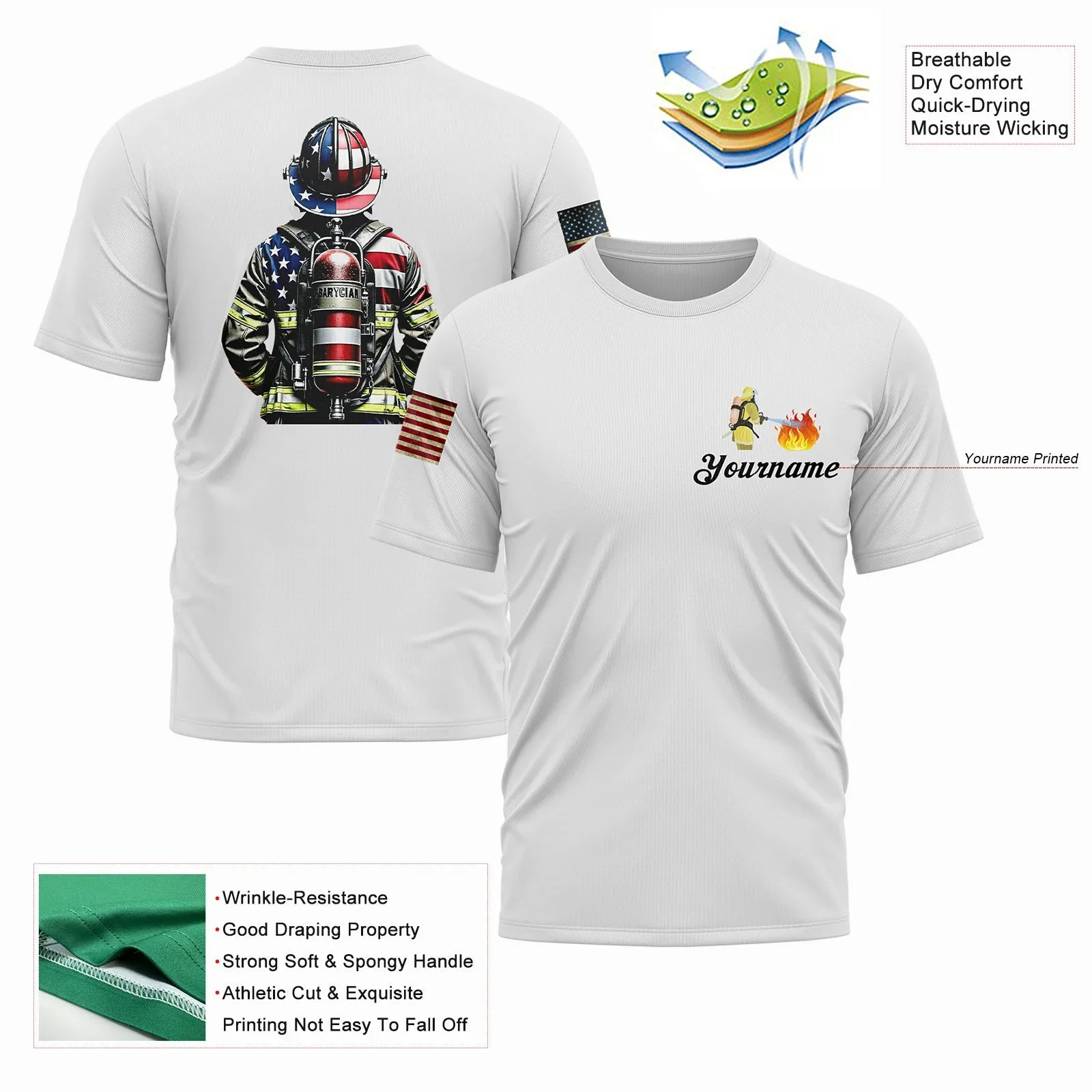 Custom White American Patriot Firefighter Name T-Shirt