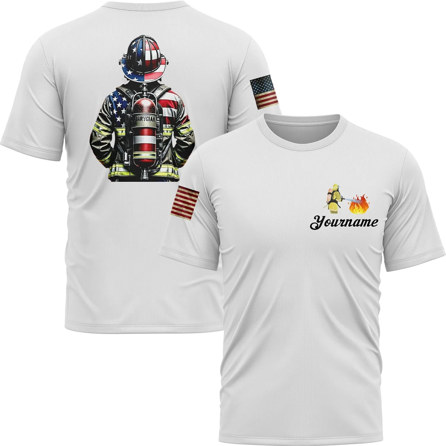 Custom White American Patriot Firefighter Name T-Shirt